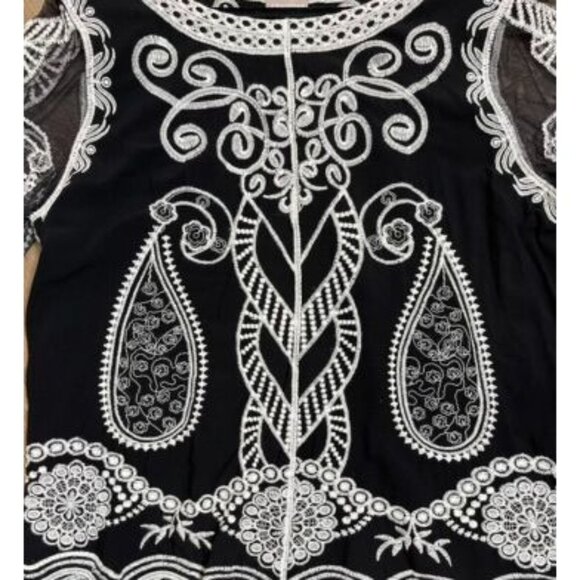 Chicos Embroidered Black White‎ Paisley Sheer Top Sz 12/14   Boho Chic Dressy - Picture 4 of 9
